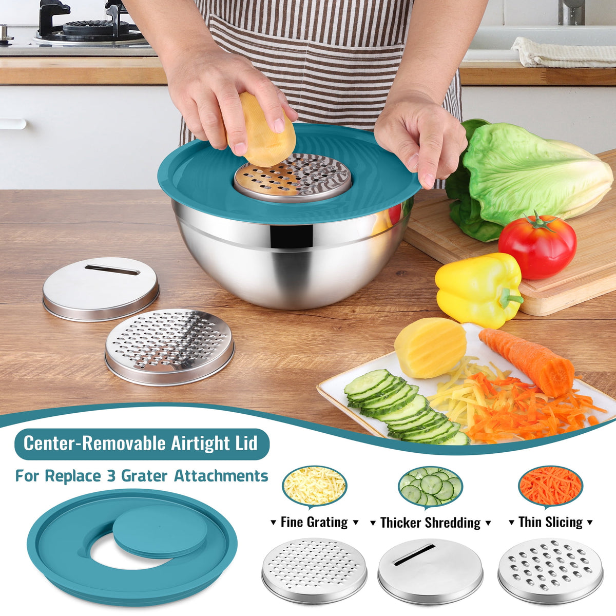 Mixing Bowls with Lids Set of 5, Vesteel Stainless Steel Mixing Bowls Metal Nesting Salad Bowls, Size 4.5, 3, 1.5, 1, 0.7 QT Great for Cooking, Baking, Serving - Multi-Color