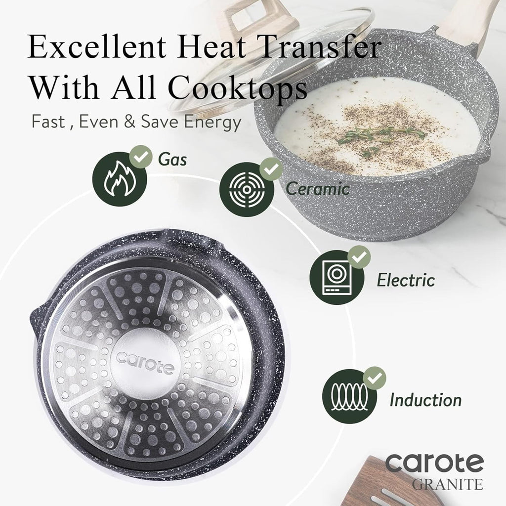 CAROTE 6-Piece Nonstick Saucepan Set with Lid, 1.5QT & 3QT Cooking Pots, Induction Compatible, White
