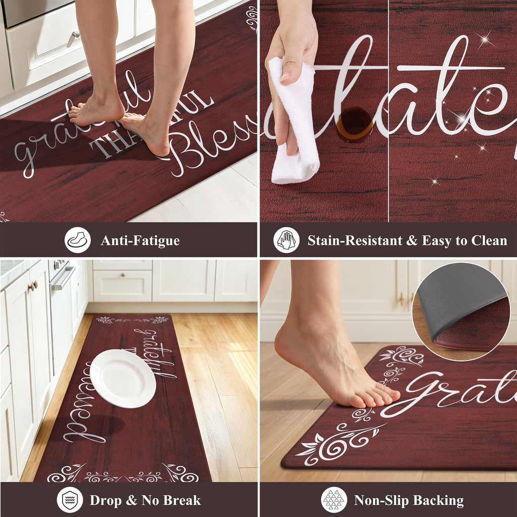 MeyJey Farmhouse Kitchen Rug Set of 2, Non-Slip Anti-Fatigue Waterproof Cushioned Mat for Kitchen, Dining & Laundry Room, 18"x30"+18"x48" Teal/Brown