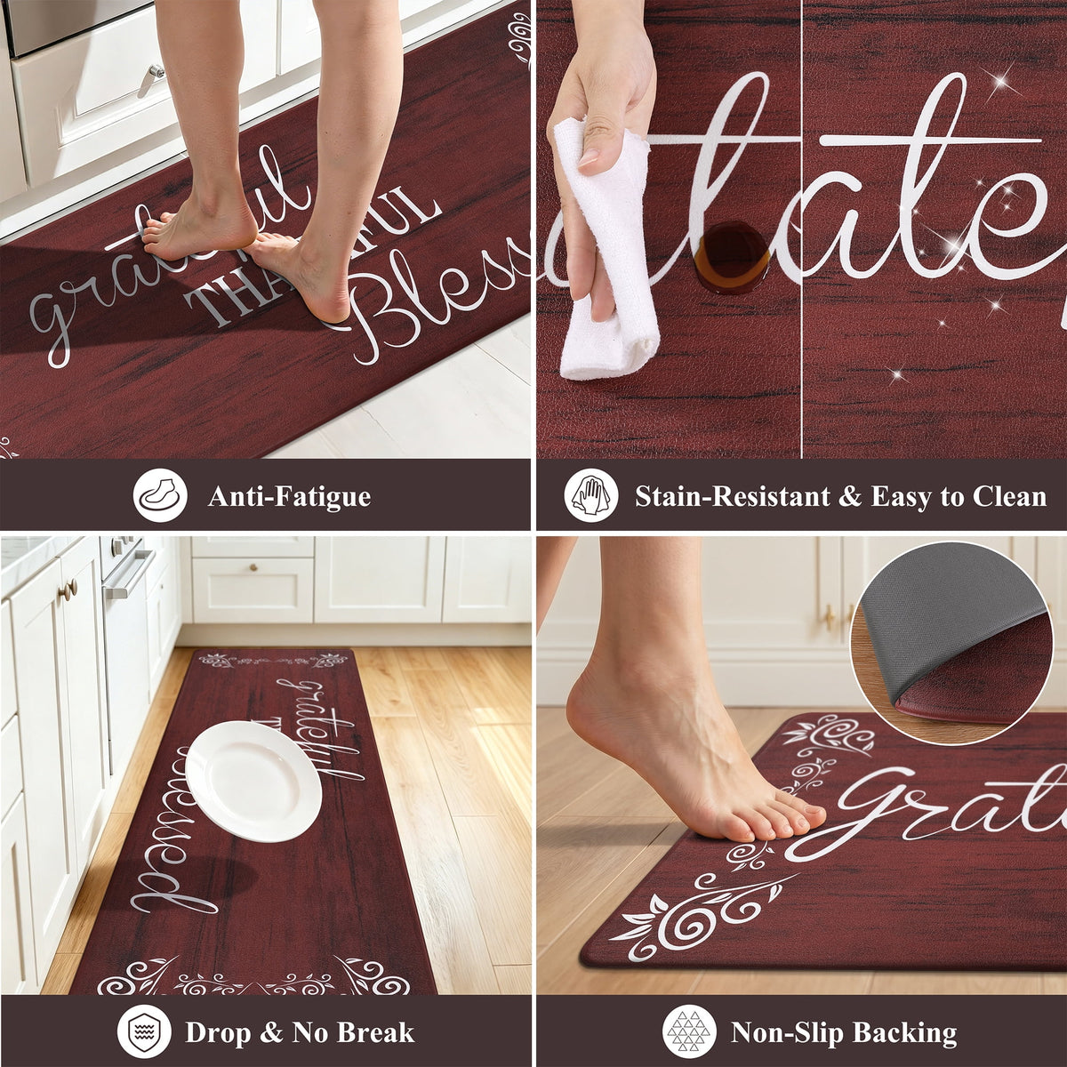 MeyJey Farmhouse Kitchen Rug Set of 2, Non-Slip Anti-Fatigue Waterproof Cushioned Mat for Kitchen, Dining & Laundry Room, 18"x30"+18"x48" Teal/Brown