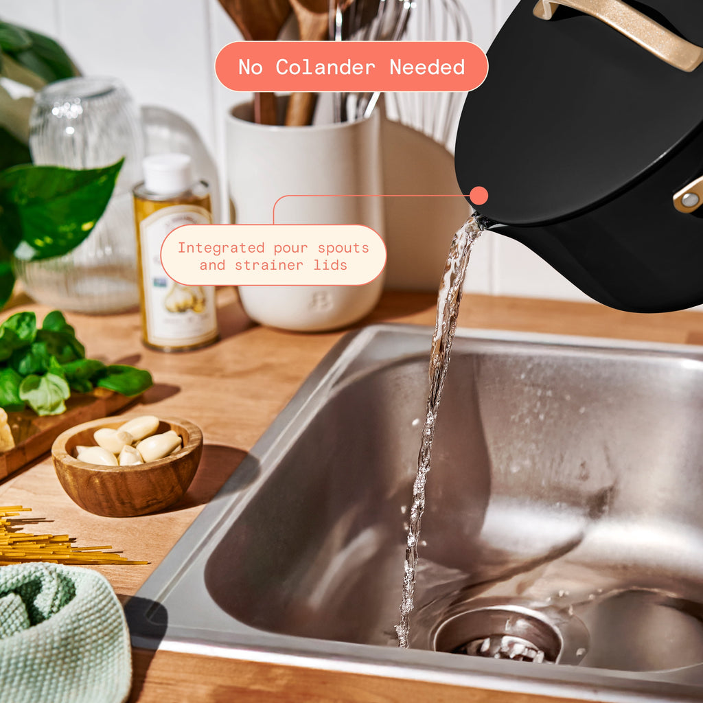 Beautiful 12-Piece Cookware Set, Pots and Pans with Strainer Lids and EverGood Ceramic Nonstick Coating, White Icing by Drew Barrymore