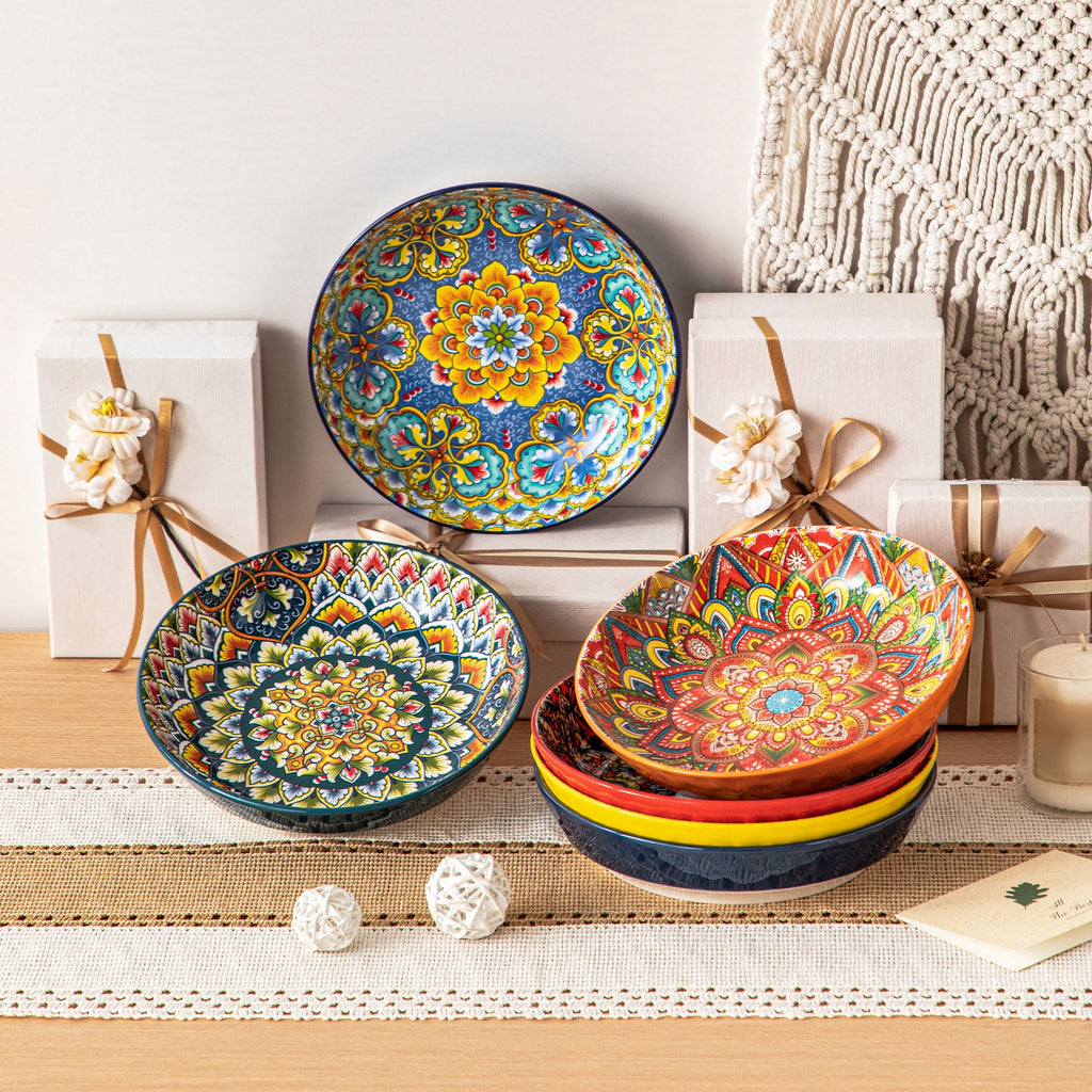 Vancasso Pasta Bowls, Ceramic 32 oz Dinner Bowls Set of 6, Bohemian Salad Bowls, Large Serving Bowls for Soup and Cereal, Microwave and Dishwasher Safe, Series LUMI
