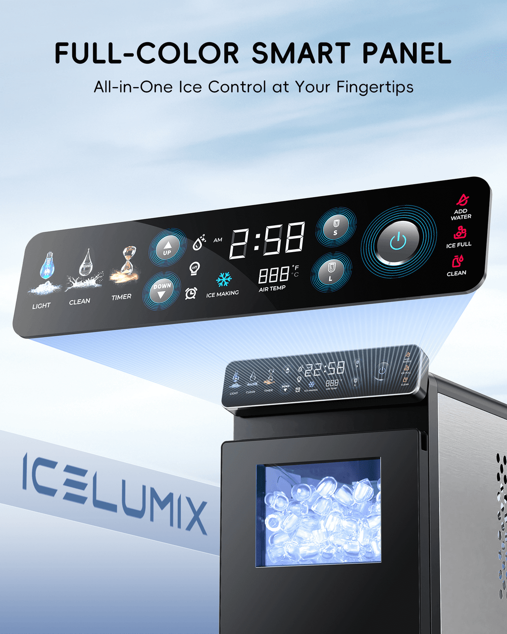 Ecozy Chillio Countertop Ice Maker, Smart Ice Machine with Full-Color Display Panel and Built-in Lighting, Produces 26lbs/24H, Dual-Layer Insulation