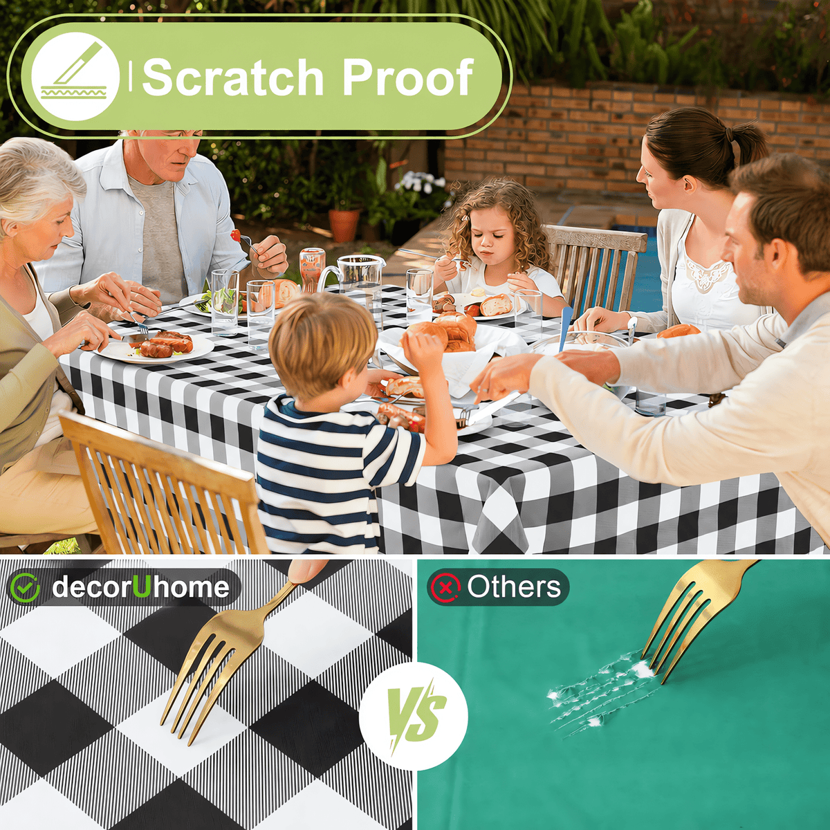 decorUhome Rectangle Tablecloth, Waterproof Vinyl Flannel Backed Table Cloth, Buffalo Wipeable Plastic Table Cover for Kitchen and Outdoor, Black and White, 60" x 84"