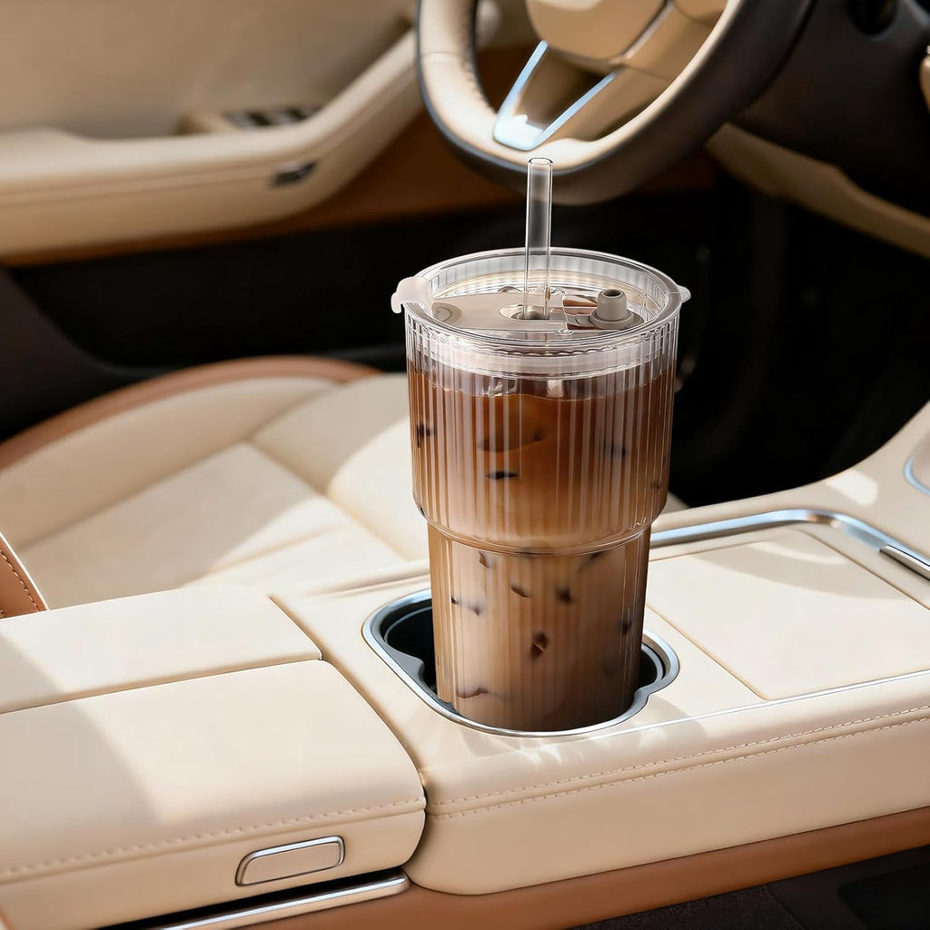 TAIMASI 4-Pack Ribbed Glass Tumblers with Lids, Straws and Cleaning Brush, 20oz Leakproof for Iced Coffee，Cocktails, Juice