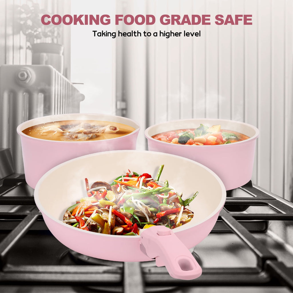 17 Piece Ceramic Pots and Pans Set Non Stick, Cookware Set with Detachable Handle, Oven Safe, Induction Ready, Stackable RV Kitchen Cooking Set Removable Handles, Cream White