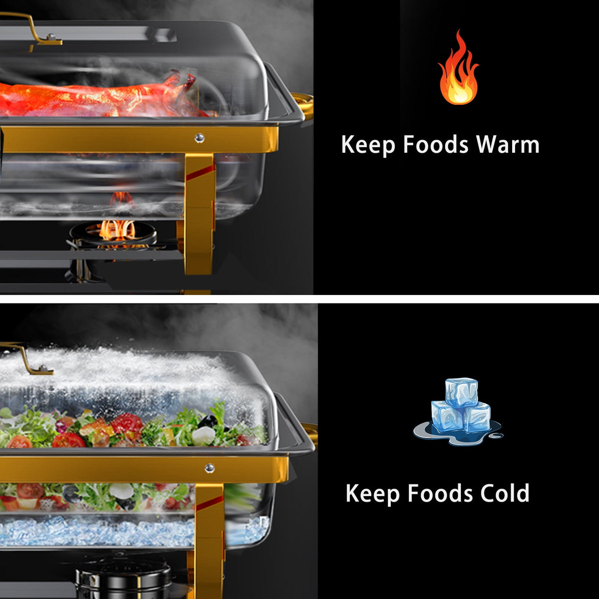 Jacgood Rectangle Golden Chafing Dish Buffet Set, 8Qt 4 Pack Full Pan Stainless Steel Catering Warmer Set with Water Pan for Home Party, Buffets, Wedding, Banquet, Catering Events