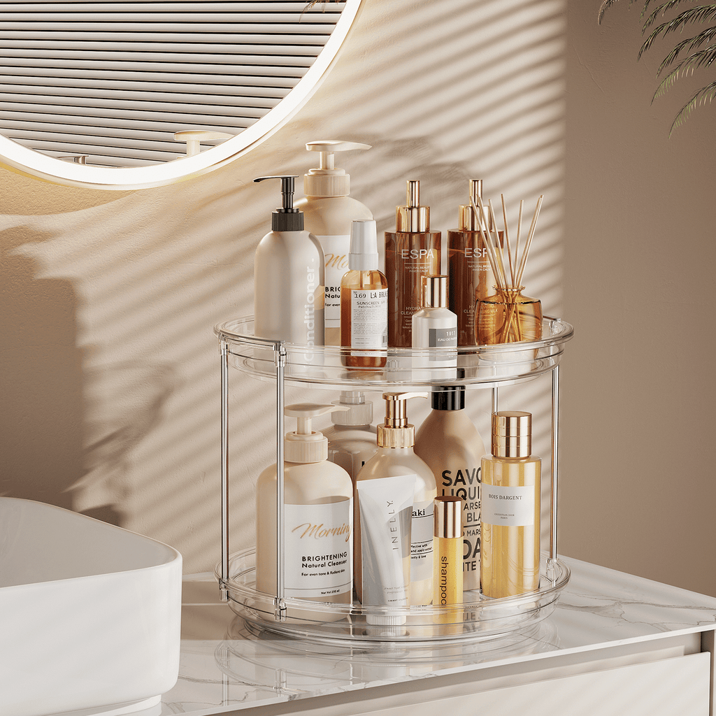 ROSSNY 2 Pack 9.25" 2-Tier Lazy Susan Turntable Organizer Countertop Kitchen Organization and Storage Spice Rack Bathroom Vanity Holder, Clear