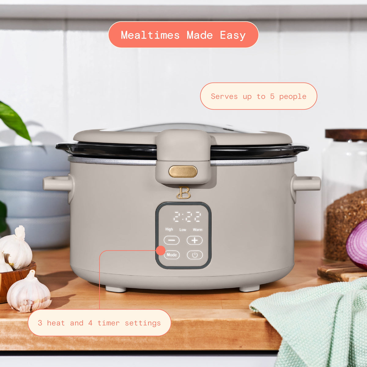 Beautiful 4 Qt Digital Slow Cooker with Hinged Locking Lid, Thyme Green by Drew Barrymore