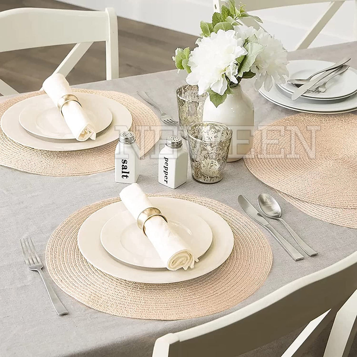 NEWEEN 15" Round Placemats Set of 6 Braided Fabric Heat Resistant Washable Table Mat for Kitchen for Kitchen Party Decor