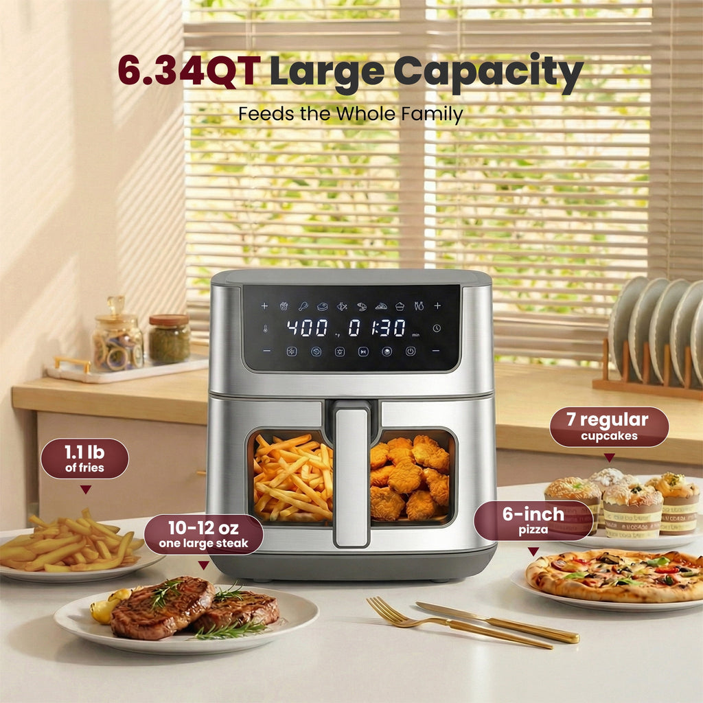 EDX 6QT Stainless Steel Air Fryer with Digital Touchscreen, 1500W, 8 Presets, Dishwasher Safe Basket, 90 Min Timer, 24H Delay Start, Gray