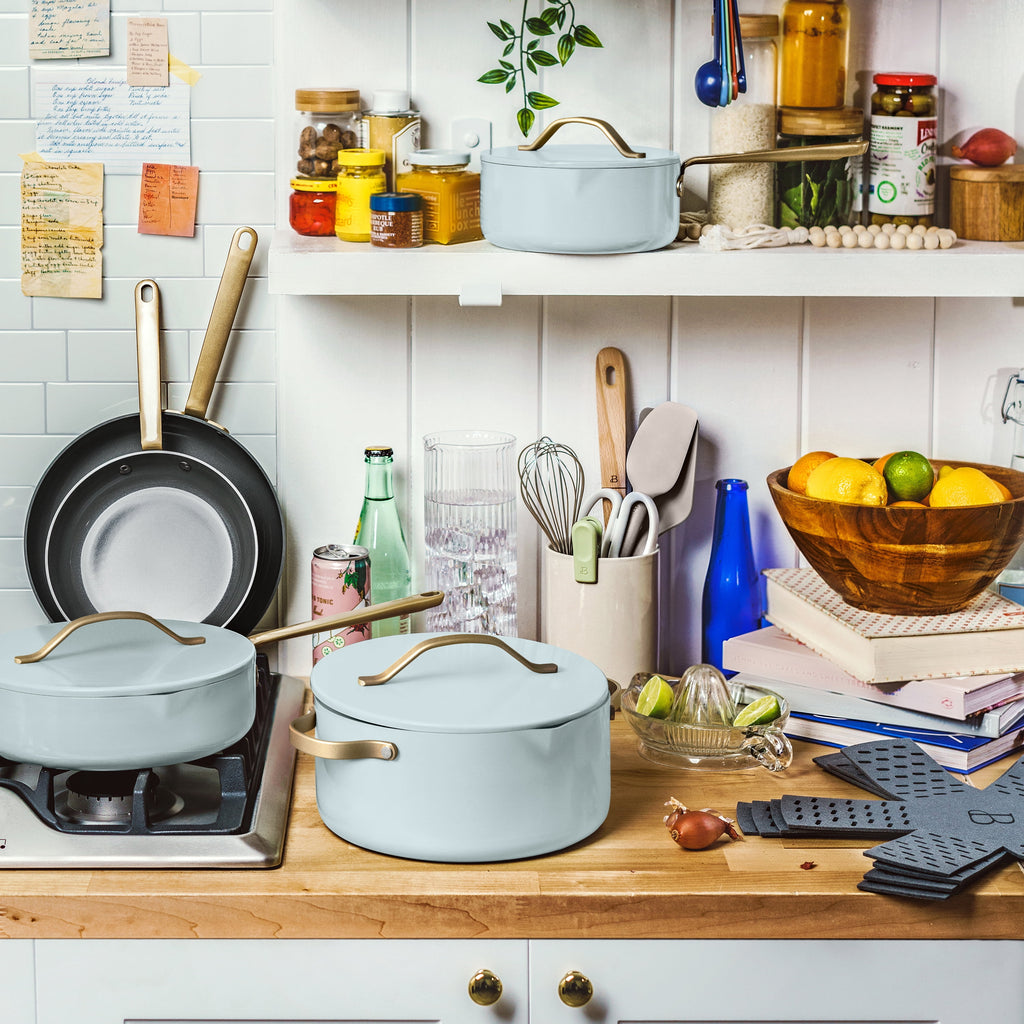 Beautiful 12-Piece Cookware Set, Pots and Pans with Strainer Lids and EverGood Ceramic Nonstick Coating, White Icing by Drew Barrymore