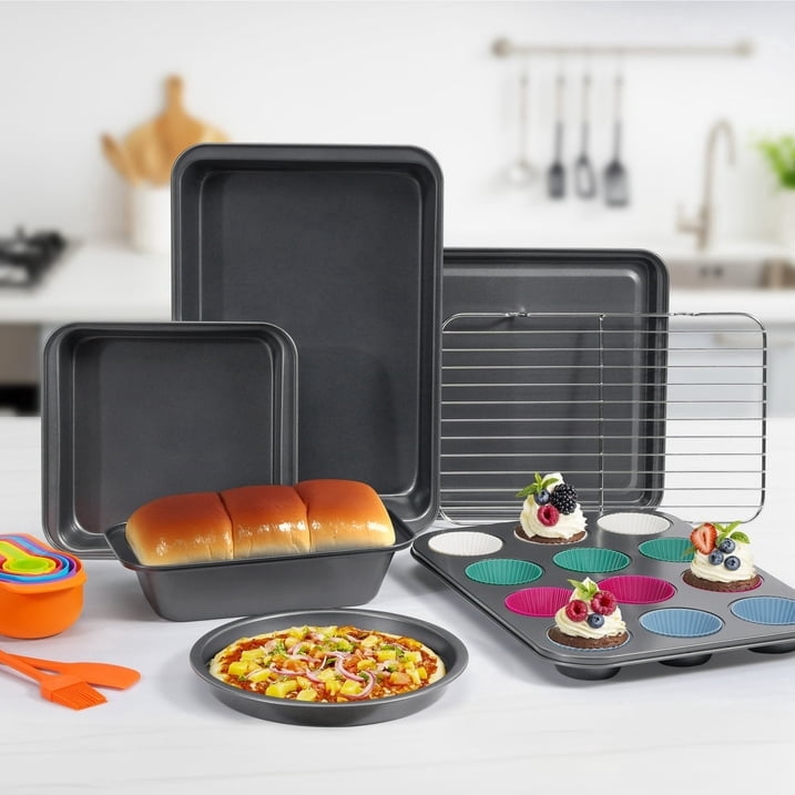 Kikcoin Bakeware Set, 22 Pcs Carbon Steel Non-Stick Baking Pan Set, Baking Sheet for Kitchen, Muffin Pan & Cookie Sheet & Cake Pan, Oven Safe up to 446℉
