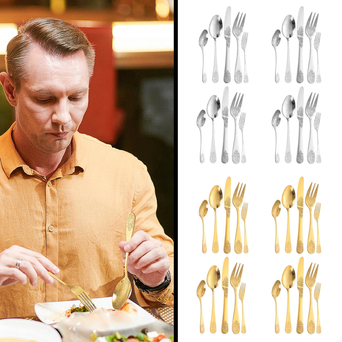 20 Pcs Floral Silverware Set Including Fork Spoon and Knife Stainless Steel Flatware Set Vintage Cutlery Set Mirror Polished Utensil Set for Kitchen Dishwasher Safe Service for 4