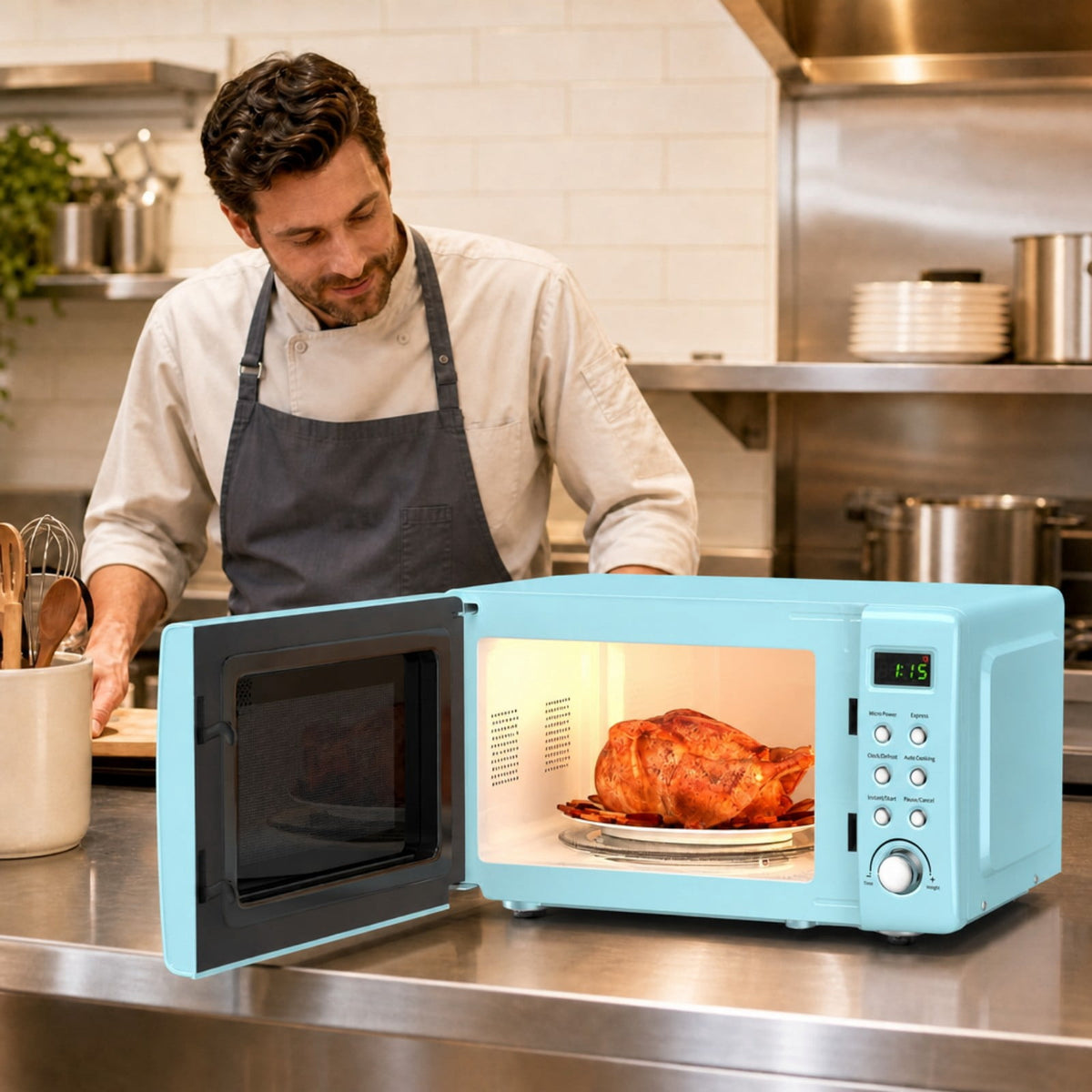 Costway 0.7 Cu.ft Retro Countertop Microwave Oven 700W LED Display Glass Turntable Rose Gold