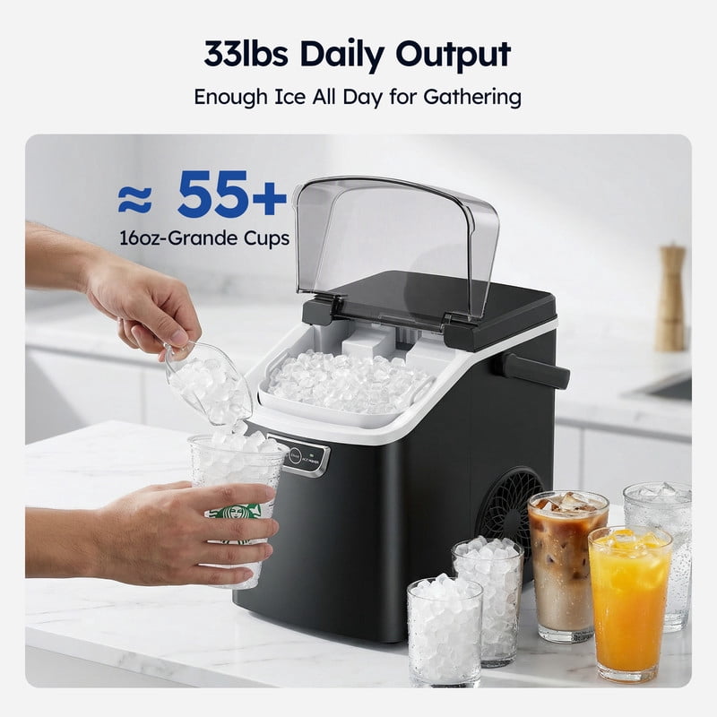 SIMZLIFE Countertop Nugget Ice Maker 33Lbs/24H, 5-Min Ice Cycle, Self-Cleaning, Portable Ice Machine with Basket & Scoop, Black