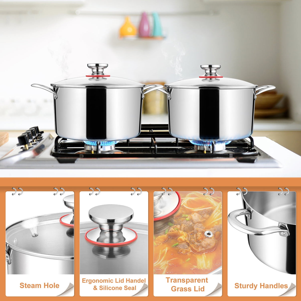 Coliware 8 QT Stainless Steel Stock Pot with Glass Lid, Cooking Soup Pot with 3-Ply Whole Clad for