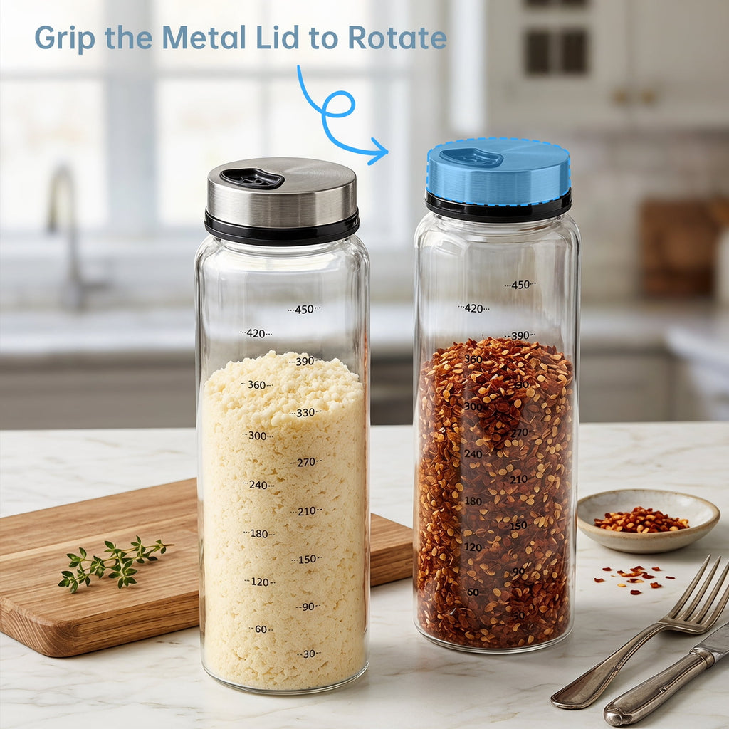 NiHome 2-Pack 10oz Spice Shakers with Adjustable Stainless-Steel Lids for Parmesan Cheese, Chili Flakes, Herbs, Salt, Pepper, Borosilicate Glass Seasoning Dispensers, Easy Refill and Dishwasher Safe