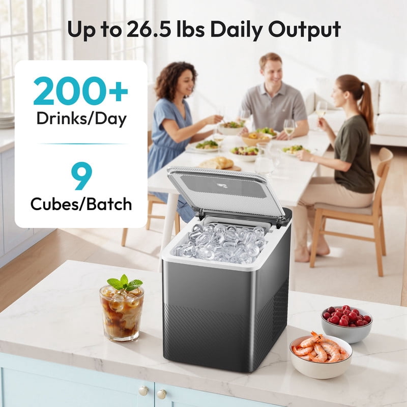 EUHOMY Countertop Ice Maker with Handle, 26 lbs/Day Portable Ice Machine, 9 Bullet Cubes in 6 Minutes, 2 Ice Sizes, Self-Cleaning, 1.1L Water Tank, Black