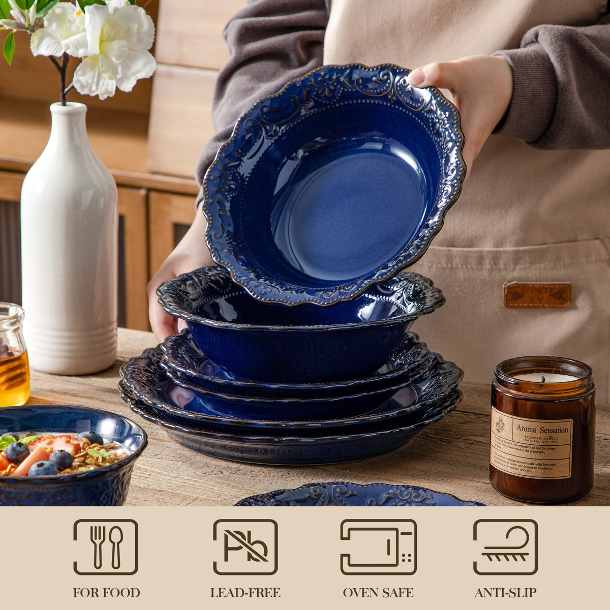 vancasso 16 pcs Dinnerware Sets, Plates and Bowls Set for 4, Stoneware Dinner Set, Blue
