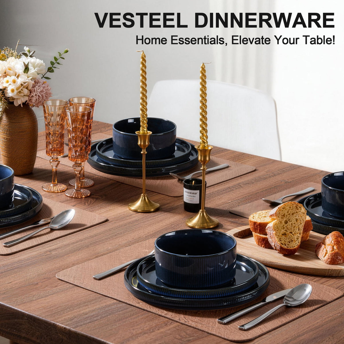 Vesteel 12 Pieces Dinnerware Set for 4, Premium Stoneware Ribbed Dishes, Chip & Scratch Resistant Plates and Bowls Set for Home Restaurant, Microwave and Dishwasher Safe - Speckled White