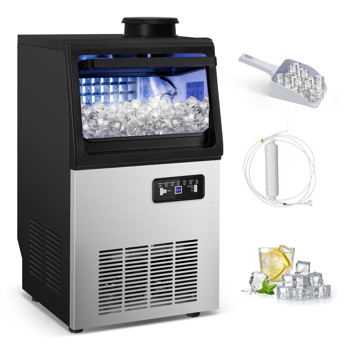 TITTLA Commercial Ice Maker 88Lbs/24H,Freestanding Built-in Ice Machine with 23 lbs Storage,5x9 Cubed Ice,Stainless Steel