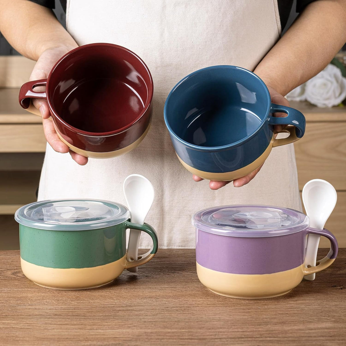 AmorArc Ceramic Soup Mugs with Handles and Lids,24 OZ Soup Cups Set of 2 with Terracotta Underside,Mug Bowls with Spoon for Soup/Cereal/Salad/Noodles/Ramen/Microware &Dishwasher Safe-White &Peach