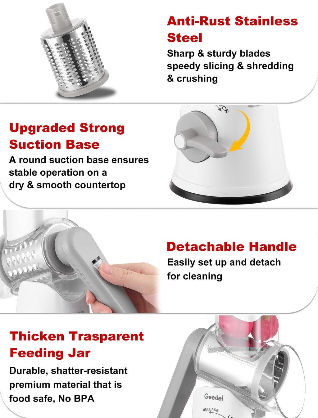 Geedel Rotary Cheese Grater, Kitchen Grater with Strong Suction Base, Dishwasher Safe, Easy to Clean Grater for Cheese,Vegetable, Nuts (3 Blades)