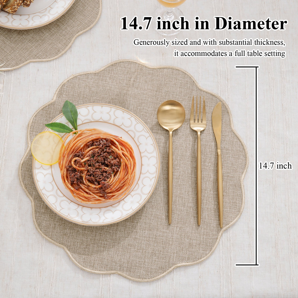 Ileading Scalloped Round Placemats Set of 6 Polyester Linen Blend Washable Non Slip Place Mats Easy Clean Heat Resistant Table Mats for Kitchen Dining Table Decor