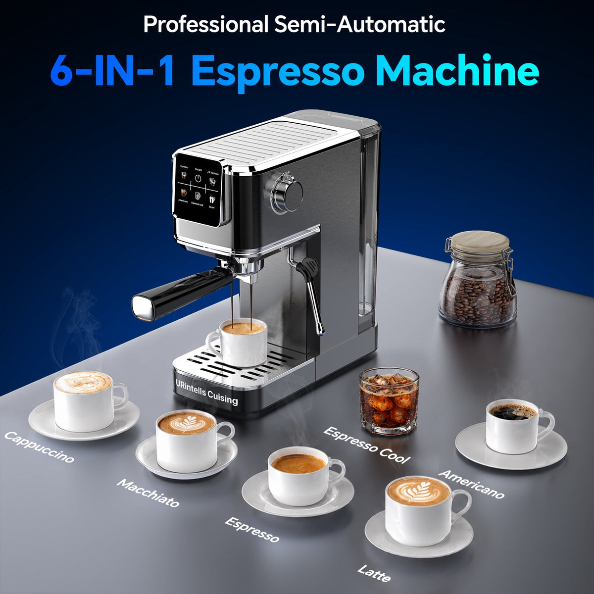 URintells Cuising Espresso Machine, Color Touchscreen, 20 Bar Coffee Maker, Milk Frother, 1350W, Stainless Steel, for Cappuccino Latte, Cold Brew