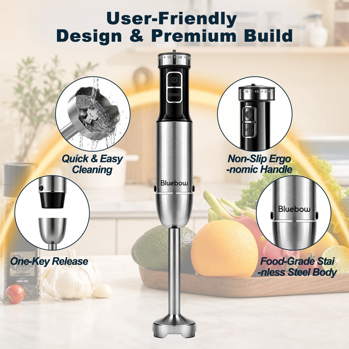 Bluebow Immersion Blender Handheld, 1100W 25 Speed 5-in-1 Stainless Steel Hand Blender with Turbo Mode, Scratch-Resistant Stick Blender for Kitchen Use, Purees Soups Smoothies, Black