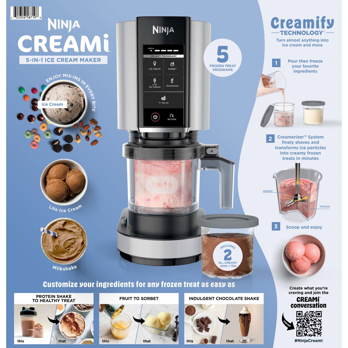 Ninja CREAMi Ice Cream Maker, for Mix-ins, Milkshakes, Sorbet, 5 One-Touch Programs, (2) 16 Oz Pint Containers & Lids, NC300WH White