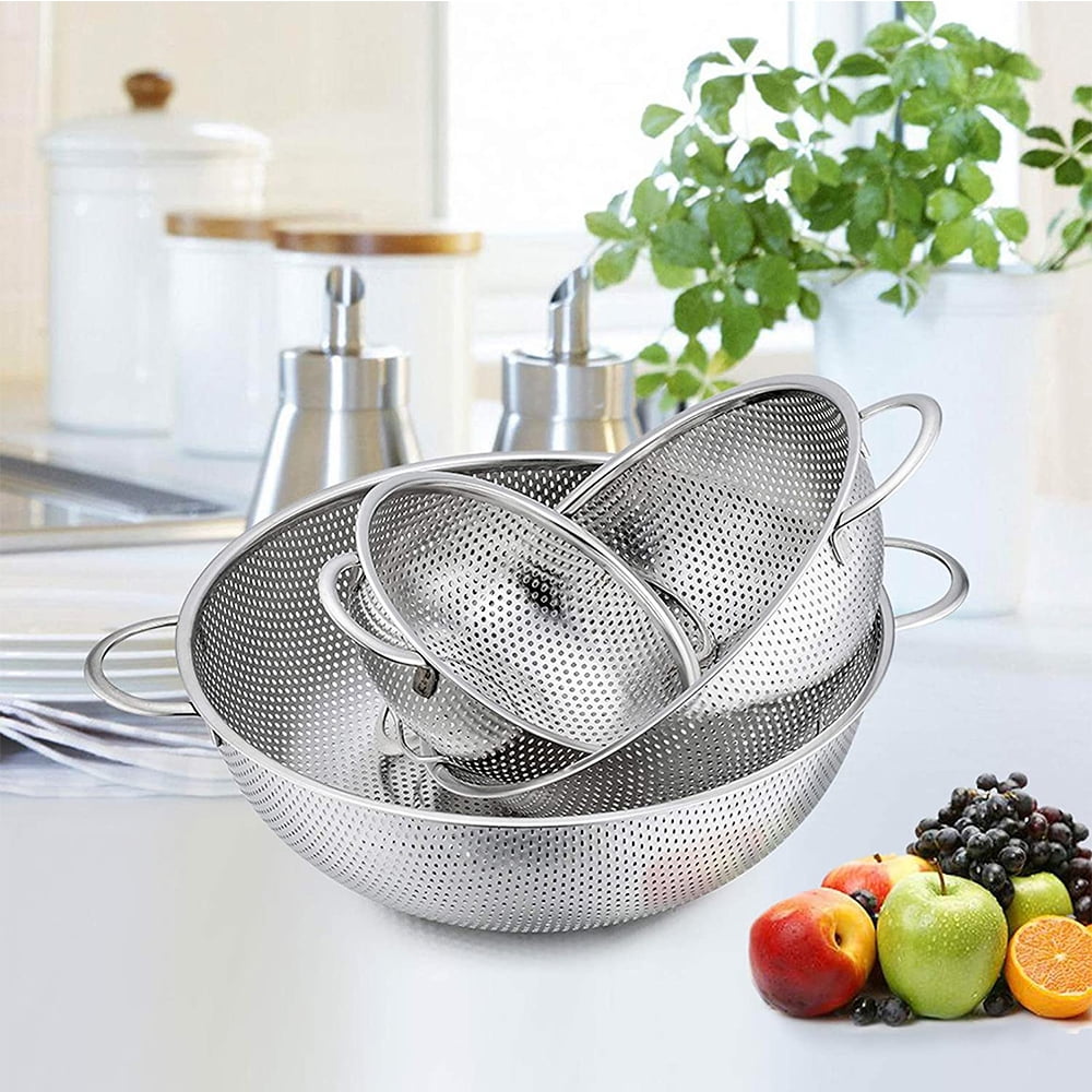VeSteel Colander Set of 3, Stainless Steel Micro-Perforated Colanders Strainers for Draining Rinsing Washing, Ideal for Pasta Vegetables Fruits, Heavy Duty & Dishwasher Safe - 1/3/5 Quart