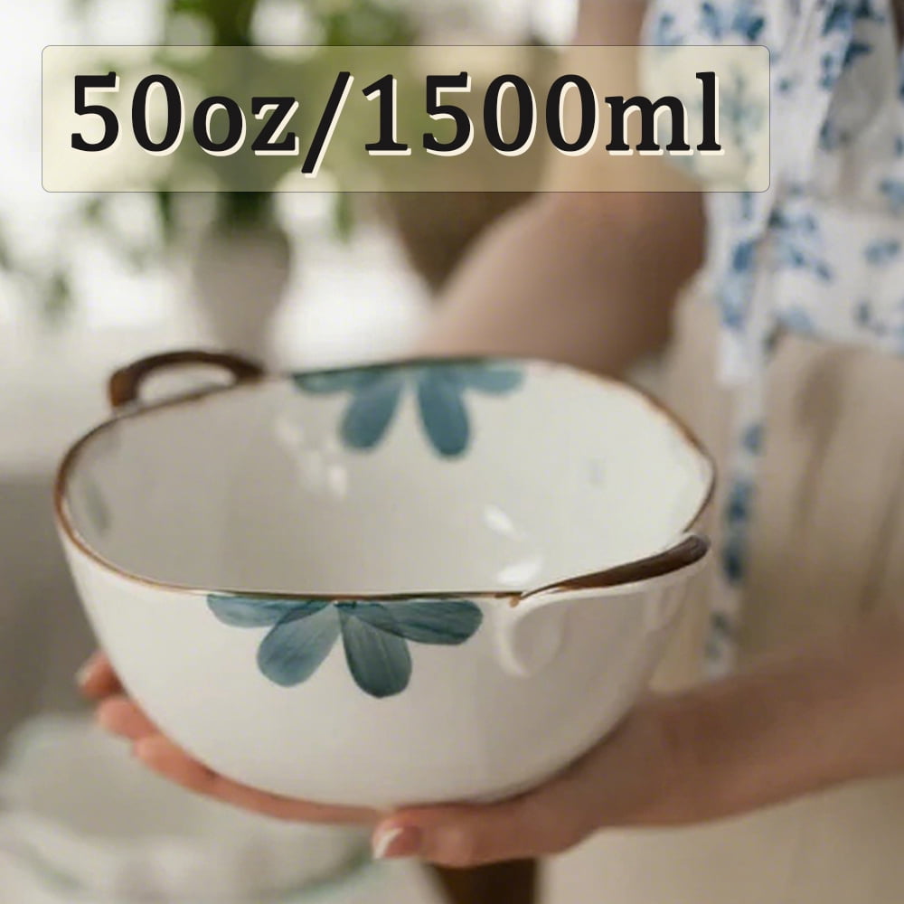 Serving Bowl 59oz Large Ceramic Soup Bowl with Handles Decorative Cereal Pasta Bowl for Salad and Ramen, Oven Dishwasher Safe Stoneware