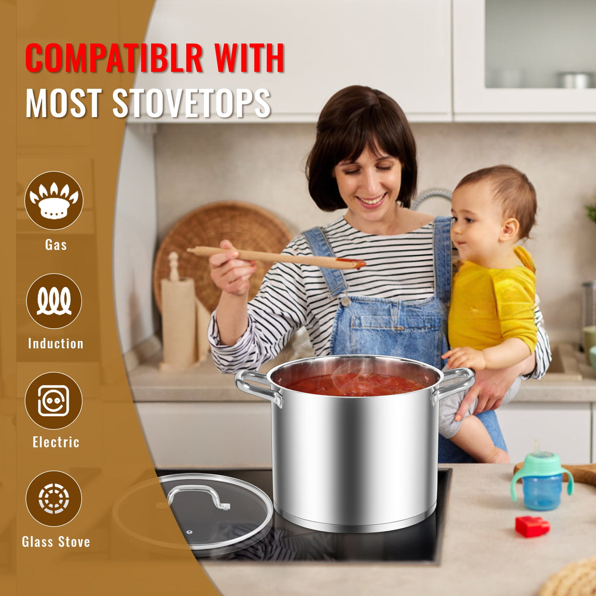 Coliware Large Stock Pot, 12 QT Trip-Ply Bottom Stainless Steel Cooking Pot with Tempered Glass Lid, Soup Pasta Cookware Compatible with Gas Induction Electric Stoves, Ollas de Cocina