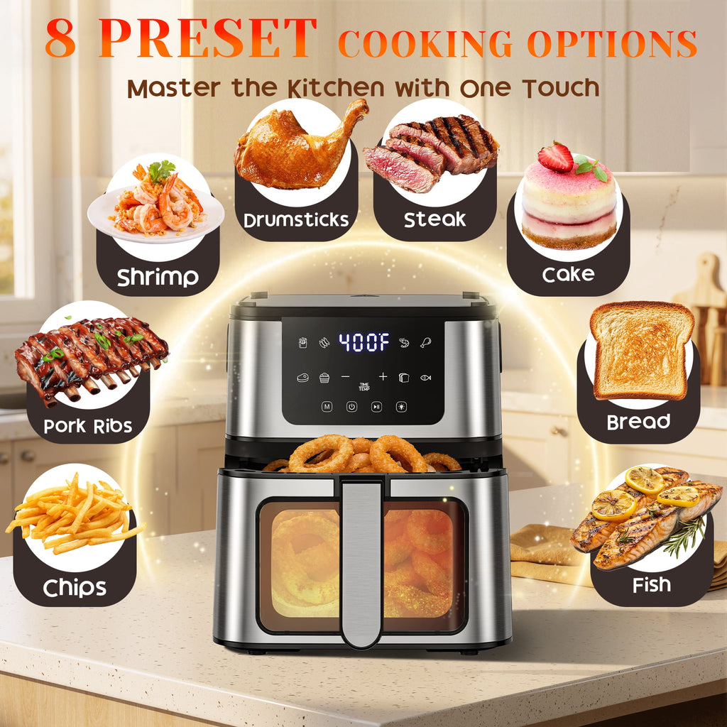 2-in-1 Versatility Digital Air Fryer & Grill, 2X Faster Cooking, 7.5 QT Air Fryer, Nonstick Basket + 100 Liners, 8 Present Cookings Air Fryer,Black