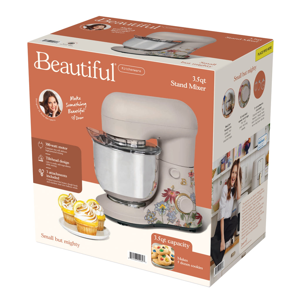 Beautiful 3.5 Qt Stand Mixer with Flat Beater, Dough Hook, Balloon Whisk, Chocolate by Drew Barrymore