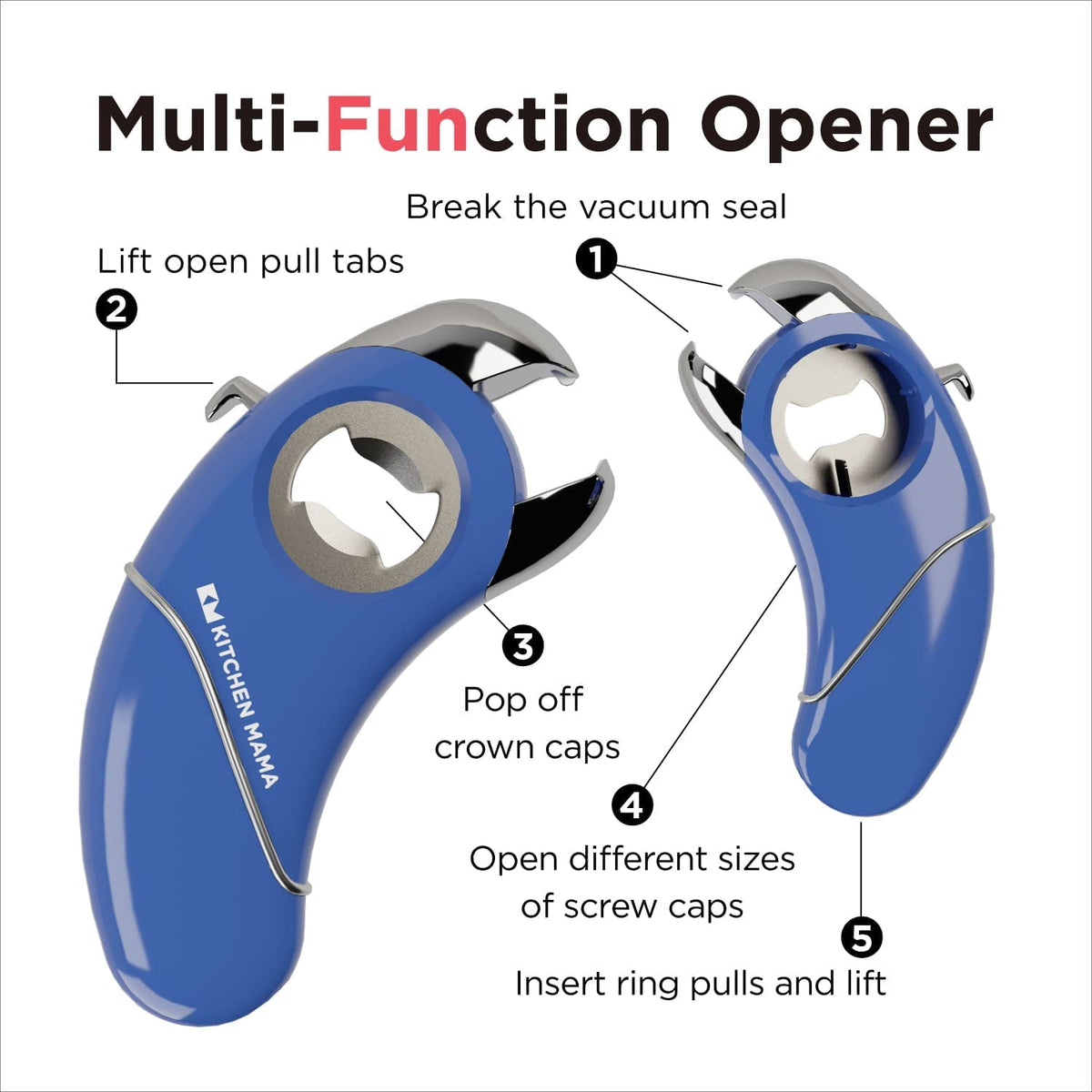 Kitchen Mama Epic One Magnetic Multifunction Opener: Beer, Soda Can, Pull Tab, Jar Opener (Red)