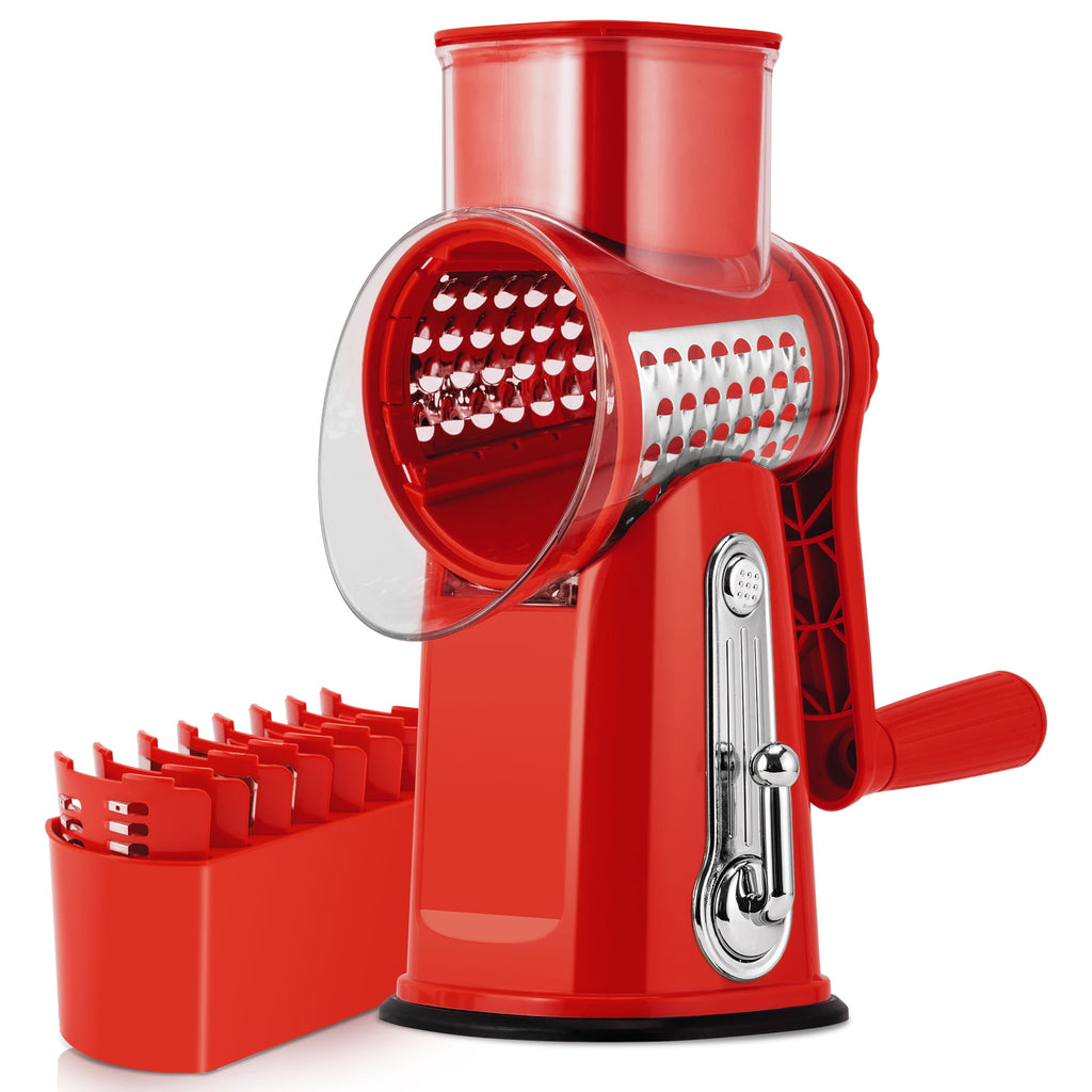 Pukomc Rotary Cheese Grater with Handle- 5 Blades, Suction Base, Mandoline Slicer & Veg Shredder with Blade Storage Box(Green)