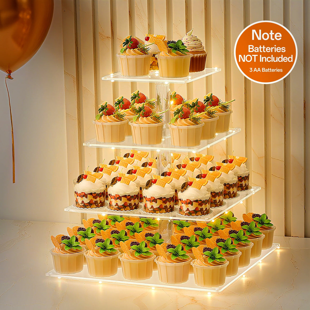 TINANA 4 Tier Acrylic Cupcake Stand with LED Light, Premium Dessert Tower Display Holder for Weddings, Birthday Parties, Candy Bar Décor, Yellow Light