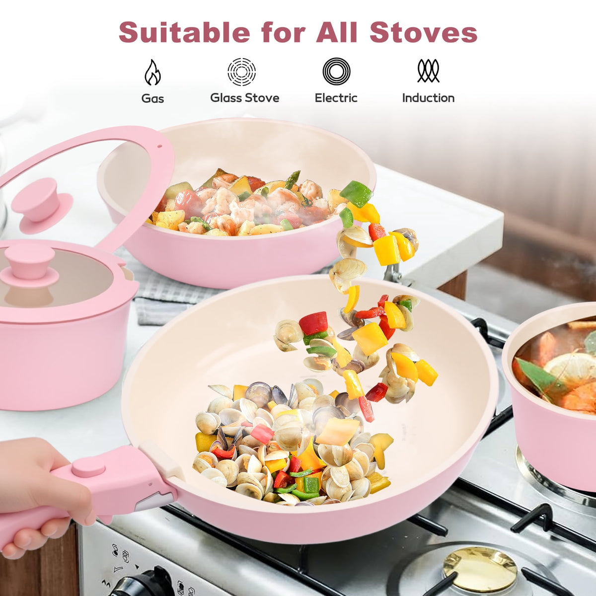 17 Piece Ceramic Pots and Pans Set Non Stick, Cookware Set with Detachable Handle, Oven Safe, Induction Ready, Stackable RV Kitchen Cooking Set Removable Handles, Cream White