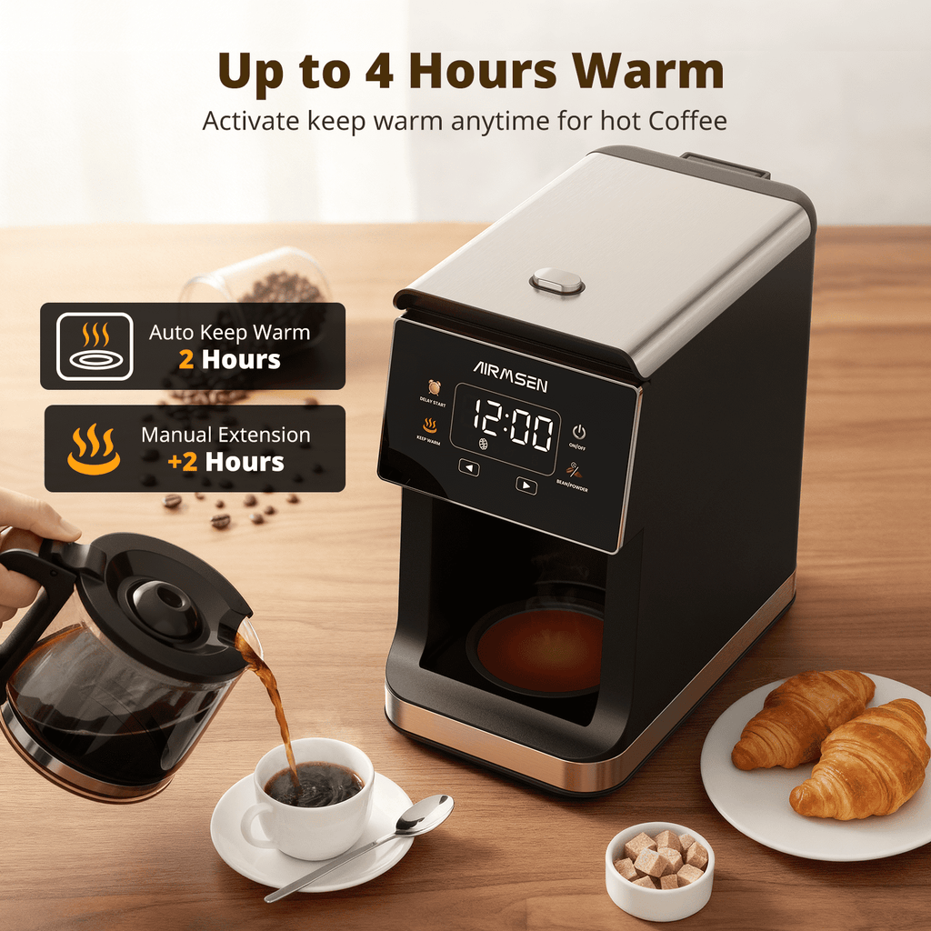 AIRMSEN 2 in 1 Coffee Maker with Grinder, 5-Cup Grind and Brew Coffee Pot, Programmable Coffee Machine, 3 Grind Settings, Up to 4-Hour Keep Warm & 24-Hour Delay Brew