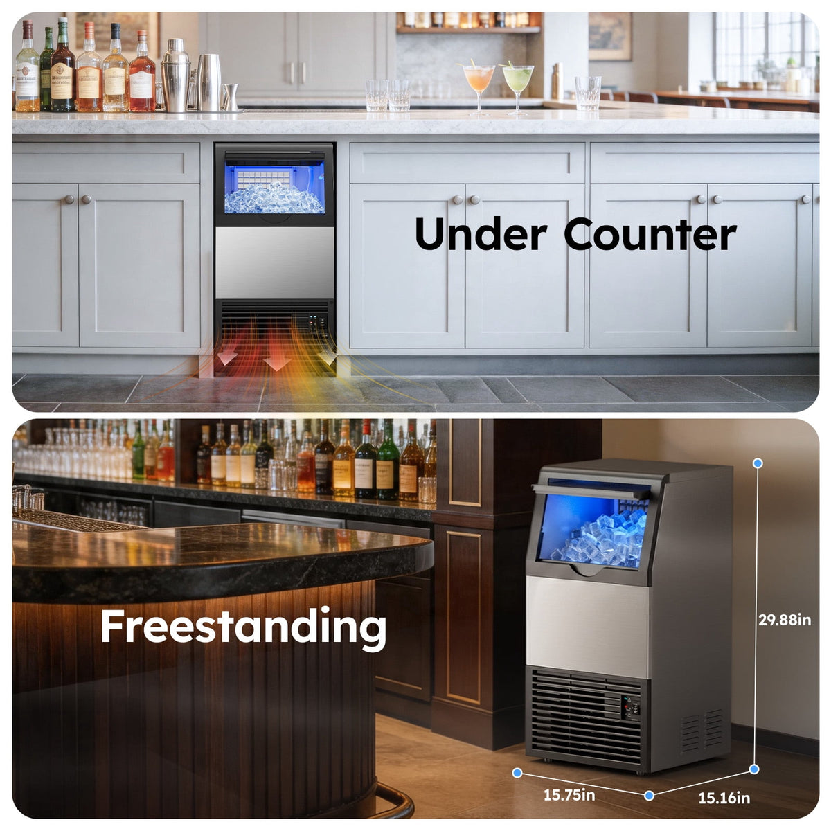 Ecojoy Commercial Ice Maker Machine, 150 Lbs/Day Stainless Steel Under Counter Ice Maker, 40Lbs Ice Storage Bin, Water Filter, 45 Cubes in 8-12 Mins