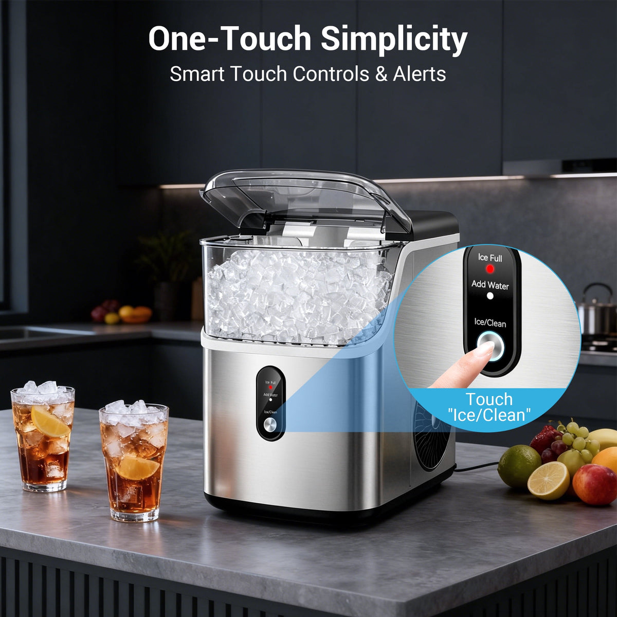 Snowyermine Nugget Ice Maker Countertop, 35 lbs per Day, Soft, Chewable Sonic-Style Pebble Ice, One-Touch Self-Cleaning, Stainless Steel, Black, for Home, Kitchen, Office, RV and Camping