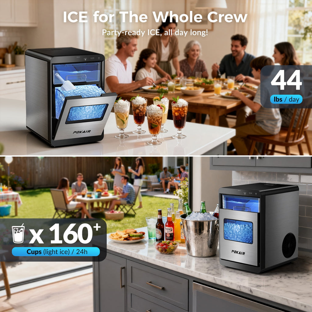POKAIR Smart Nugget Ice Maker Countertop, Wi-Fi App Controlled Portable Ice Maker 44lbs/Day, Soft Chewable Pebble Ice in 9 Minutes, Self-Cleaning, Stainless Steel Ice Machine for Home & RVs