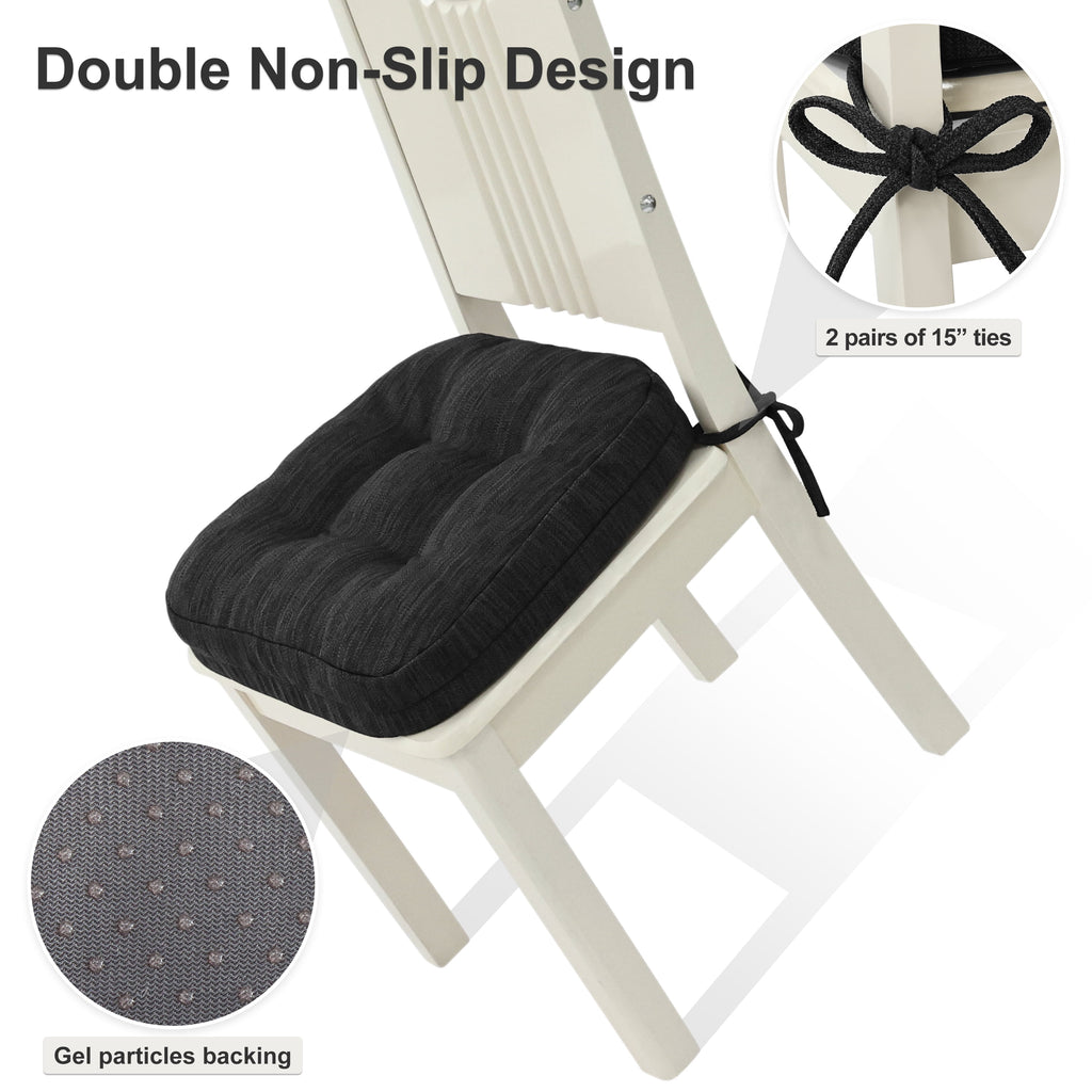 Baibu Dining Chair Cushions Set of 4, Dual Layer Memory Foam Seat Pads with Non-Slip Bottom and Ties, 16.5 x 16.5 x 3.5 inches, Black