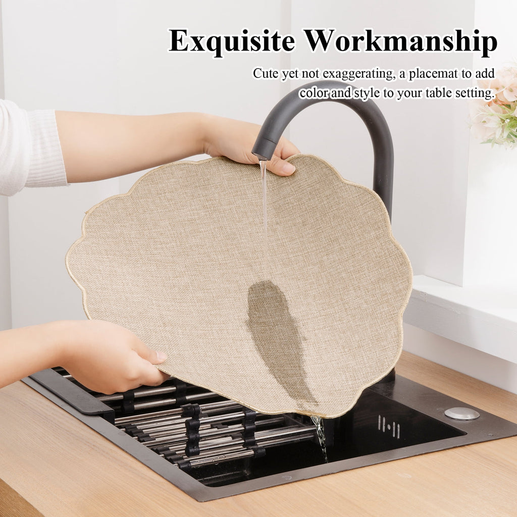 Ileading Scalloped Round Placemats Set of 6 Polyester Linen Blend Washable Non Slip Place Mats Easy Clean Heat Resistant Table Mats for Kitchen Dining Table Decor