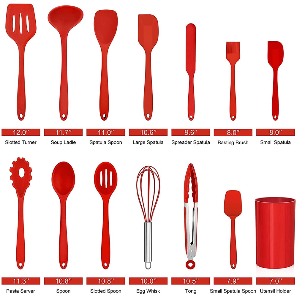 Walchoice 14 Pcs Cooking Utensils Set with Holder, Heat Resistant Silicone Kitchen Cookware Utensils Set, Kitchen Cooking Tools Includes Spatula Spoon Turner Whisk Tong, Dishwasher safe, Red