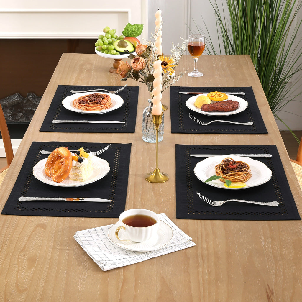 Placemats Set of 4, Yamaziot Double Layer Cloth Fabric Heat Resistant Place Mat, Washable Reversible Rectangle Dining Table Mats, Hollow Khaki, 12"x18"