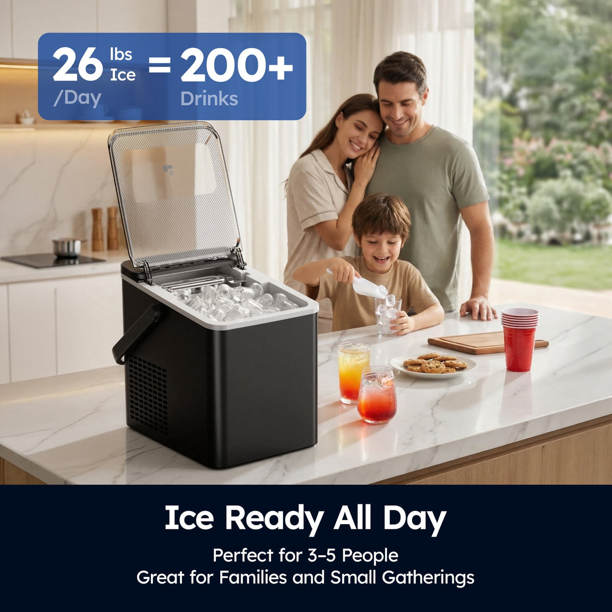 SIMZLIFE Portable Countertop Ice Maker, 26 Lbs/Day, 9 Bullet Ice Cubes in 6 Minutes, 2 Ice Sizes, Self-Cleaning Ice Machine, Black